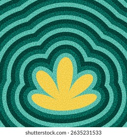 Stylized yellow petal shape centered in layered teal concentric waves. Vector illustration with textured retro style.