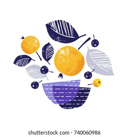 Stylized yellow ripe apples, rowan berries and bowls. Hand drawn vector illustration