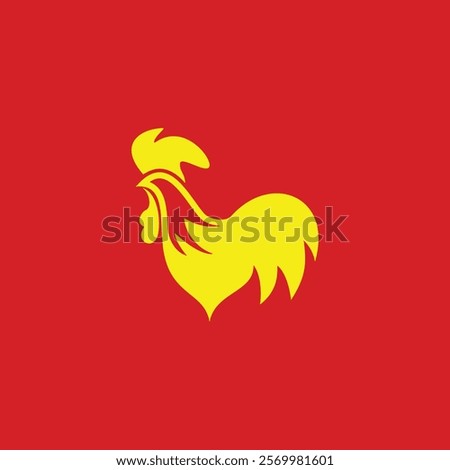 stylized yellow rooster on a red background.