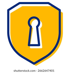 O escudo amarelo estilizado apresenta um design com contorno azul e forma de buraco de fechadura, o que implica proteção e segurança contra ameaças digitais, tornando-o ideal para projetos de segurança cibernética e tecnologia.