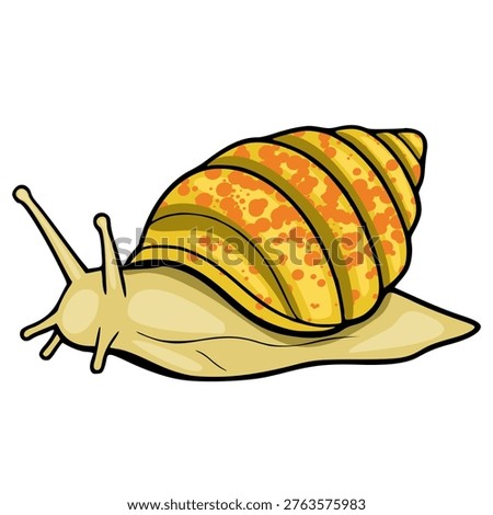 Stylized yellow snail illustration with orange spots and brown stripes on shell, vector