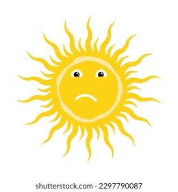 Stylized yellow summer sun funny character with dissatisfied face. Sun icon with different shapes of rays. Simple Vector isolated on white background