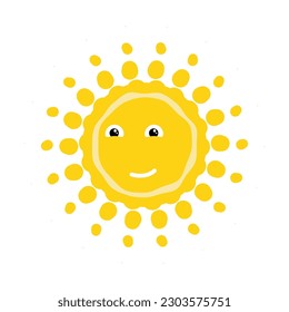 Stylized yellow summer sun funny character with cheerful face. Sun icon with different shapes of rays. Simple Vector isolated on white background