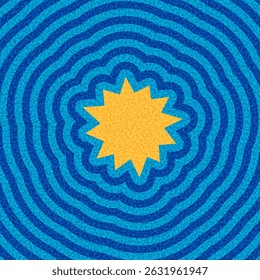 Estallido de sol amarillo estilizado centrado en un patrón de fondo radial ondulado azul. Ilustración vectorial.