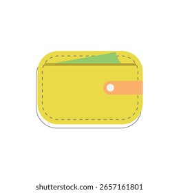Cartera estilizada de color amarillo con esquinas redondeadas, billete verde y cierre a presión naranja sobre fondo blanco