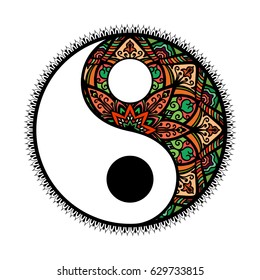 stylized Yin and yang Tao mandala symbol.multicolored Round Ornament Pattern. Vector isolated illustration. Paisley background. Vintage decorative oriental symbol of harmony, balance