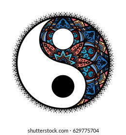 stylized Yin and yang Tao mandala symbol.multicolored Round Ornament Pattern. Vector isolated illustration. Paisley background. Vintage decorative oriental symbol of harmony, balance