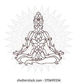 Stylized Yoga Pose of the ornaments of a mandala background. hand drawn.kaleidoscope, medallion, yoga, india, arabic.T-shirt printing. Coloring for adults
T-shirt printing