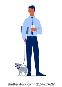 Stylized young businessman walking the dog. Vector illustration cartoon successful man  isolated on white background