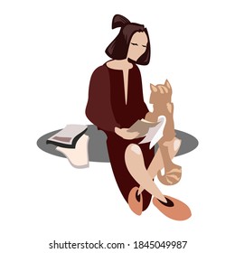 Stylized young girl reading books or magazines with cat siting on her legs