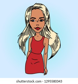 Stylized young girl in a red dress. Template for advertising. Store employee. Beautiful hair styling, perfect face.