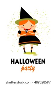 Stylized young witch with candy cane. Halloween greeting card, poster, flyer, banner, invitation.