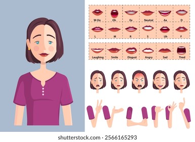 Stylized Young Woman Character Face Animation, Lip-sync, Hand Gestures and Expressions. Premium Vector File, Woman in Formal Shirt Illustration