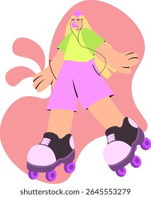 Mulher jovem estilizada com longos cabelos loiros vestindo um boné, top verde, calções lilases e patins de rodas, ilustração moderna de desenho animado plano com formas ousadas e cores vívidas