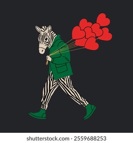 Stylized zebra character holding a bundle of red heart-shaped balloons. Vector cartoon illustration