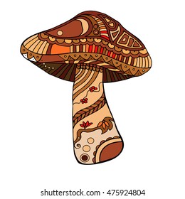 Stylized zentangle brown mushroom. Colored isolated vector image