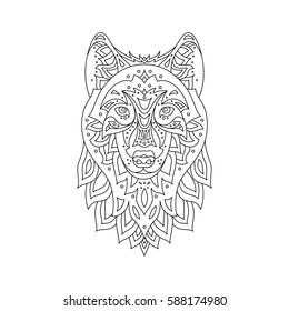 Stylized zentangle wolf isolated on white background. Hand drawn contour sketch for adult coloring book. Black and white vector illustration. Graphic illustration.