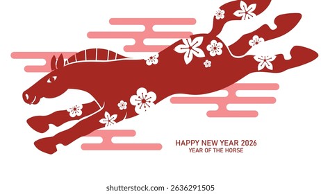 Stylized zodiac horse silhouette in paper cut style with plum blossoms pattern. Happy new year of the horse 2026 greeting card vector.