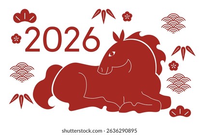 Stylized zodiac horse sitting pose with plants and flowers patterns. Chinese new year of the horse 2026 greeting card.
