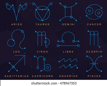 Stylized zodiac signs made with lines and dots in the style of ancient sacred geometry symbols.