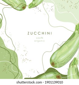 Stylized zucchini on an abstract background. Green zucchini. Banner, poster, wrapping paper, sticker, print, modern textile design. Vector illustration. 