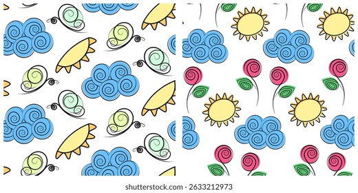 Stylizes Clouds Butterflies Sun and Roses Seamless Patterns Spring or Summer Weather Seasonal design