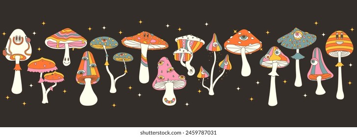 Stylizes hippie mushrooms banner, wallpaper. Summer psychedelic elemenst in 70s and 80s style. Vibrant groovy and funky fungus. Black background