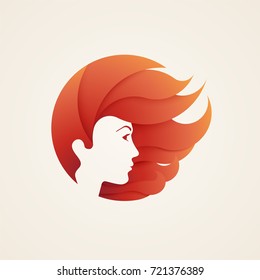 Stylizes woman's head with hair, logotype