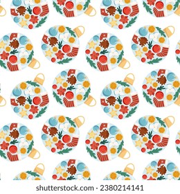 Stilvolles, nahtloses Muster aus dem Weihnachtsball. Wintervektor-Dekor. Farbiges Flachdesign kann als Hintergrund, Verpackungspapier, Deckel, Stoff usw. verwendet werden.