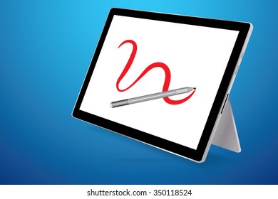 A stylus drawing red line on blank screen tablet, blue background.