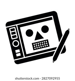 A stylus lies on a computer screen displaying a skull face, suggesting cyber threat or digital danger concept with a sense of eeriness and foreboding