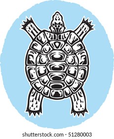 Stylzed drawing of a turtle, similar to native art.