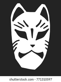 Stylzied illustration of japanese style cat mask in black and white