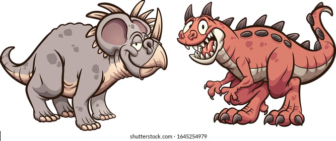 Styracosaurus and carnotaurus dinosaurs smiling and standing in front of each other. Vector cartoon clip art illustration with simple gradients. Each on a separate layer.
