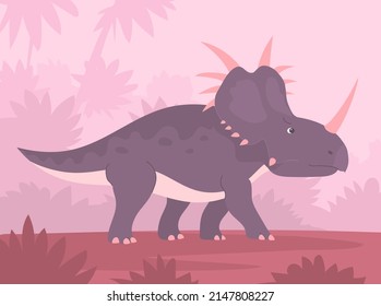 Styracosaurus with dangerous horns. Ancient lizard. Herbivore strong dinosaur of the Jurassic period. Vector cartoon illustration of prehistoric forest background