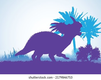 Styracosaurus Dinosaurs silhouettes in prehistoric environment overlapping layers; decorative background banner abstract vector illustration