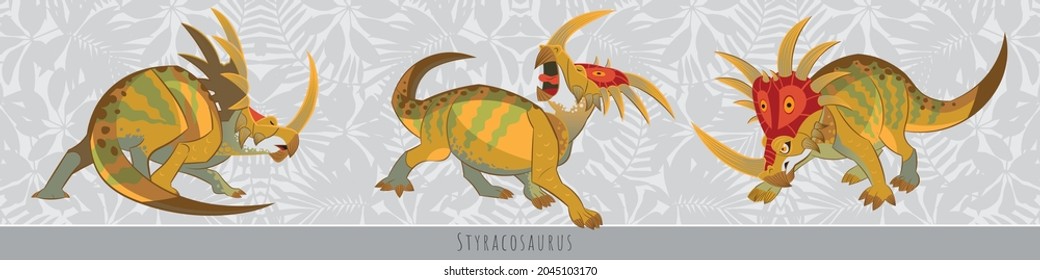 Styracosaurus is a herbivorous horned dinosaur. Attacks, defends, growls. Vector illustration. 