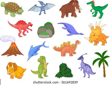 Styracosaurus, spinosaurus, ichthyosaur, tyrannosaur, pterodactyl, triceratops, pliosaur, stegosaurus, mammoth, volcano and palm. Vector illustration