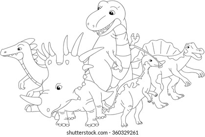 Styracosaurus, spinosaurus, tyrannosaur, stegosaurus and parasaurolophus. Coloring book. Vector illustration