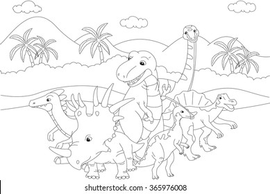 Styracosaurus, spinosaurus, tyrannosaur, stegosaurus and parasaurolophus. Coloring book. Vector illustration
