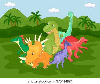 Styracosaurus, spinosaurus, tyrannosaur, stegosaurus and parasaurolophus. Vector illustration