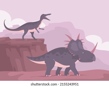 Styracosaurus vs baryonyx. Ceratops with dangerous horns. Ancient dinosaur pangolin. Dinosaur of the Jurassic period. Science paleontology. Vector cartoon illustration of prehistoric nature