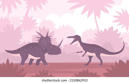 Estiracosaurio vs baryonix. Pelea con Lizard. Ceratops con cuernos peligrosos. Antiguo pangolín. Dinosaurio del período Jurásico. Ilustración de dibujos animados de fondo forestal prehistórico