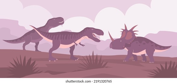 Styracosaurus vs tyrannosaurus rex. Lizard fight. Ceratops with dangerous horns. Dinosaur of the Jurassic period. Science paleontology. Vector cartoon illustration of prehistoric nature background