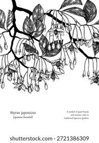 Styrax handgezeichnete Vektorgrafik. Japanische Schneeballpflanze mit blühenden Blumen Skizze. Blumenplakatdesign. KEINE AI generiert