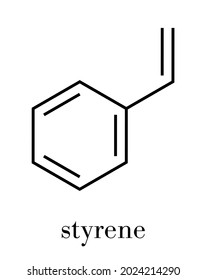 Styrene (ethenylbenzene, vinylbenzene, phenylethene) polystyrene building block molecule. Skeletal formula.