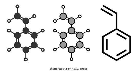 Styrene (ethenylbenzene, vinylbenzene, pheylethene) polystyrene building block molecule. Stylized 2D renderings and conventional skeletal formula.