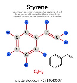 Styrol, organische Verbindung, Molekularstrukturformel, Ball-and-Stick-Modell, geeignet für Ausbildung oder Chemie-Wissenschaftsinhalte. Vektorgrafik