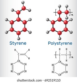 Styrene and Polystyrene (PS) polymer molecule - structural chemical formula and model. Vector illustration
 
