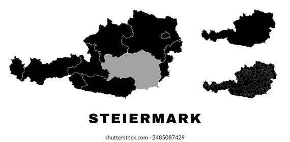 Styria map, Austrian state. Austria administrative division, provinces, boroughs, and municipalities.